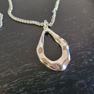 Silver Tone Hammered Open Teardrop Necklace 25" Crumpled Abstract Statement